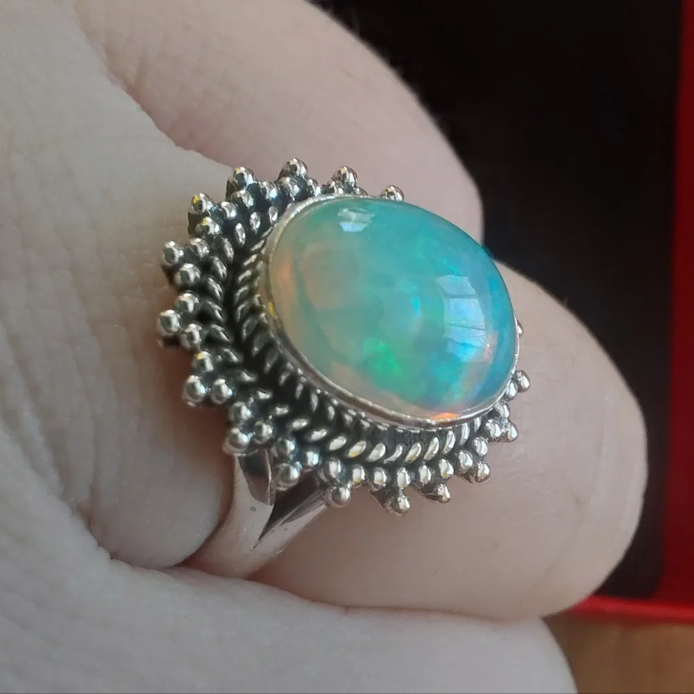 Sterling Silver Ethiopian Opal Halo Statement Ring